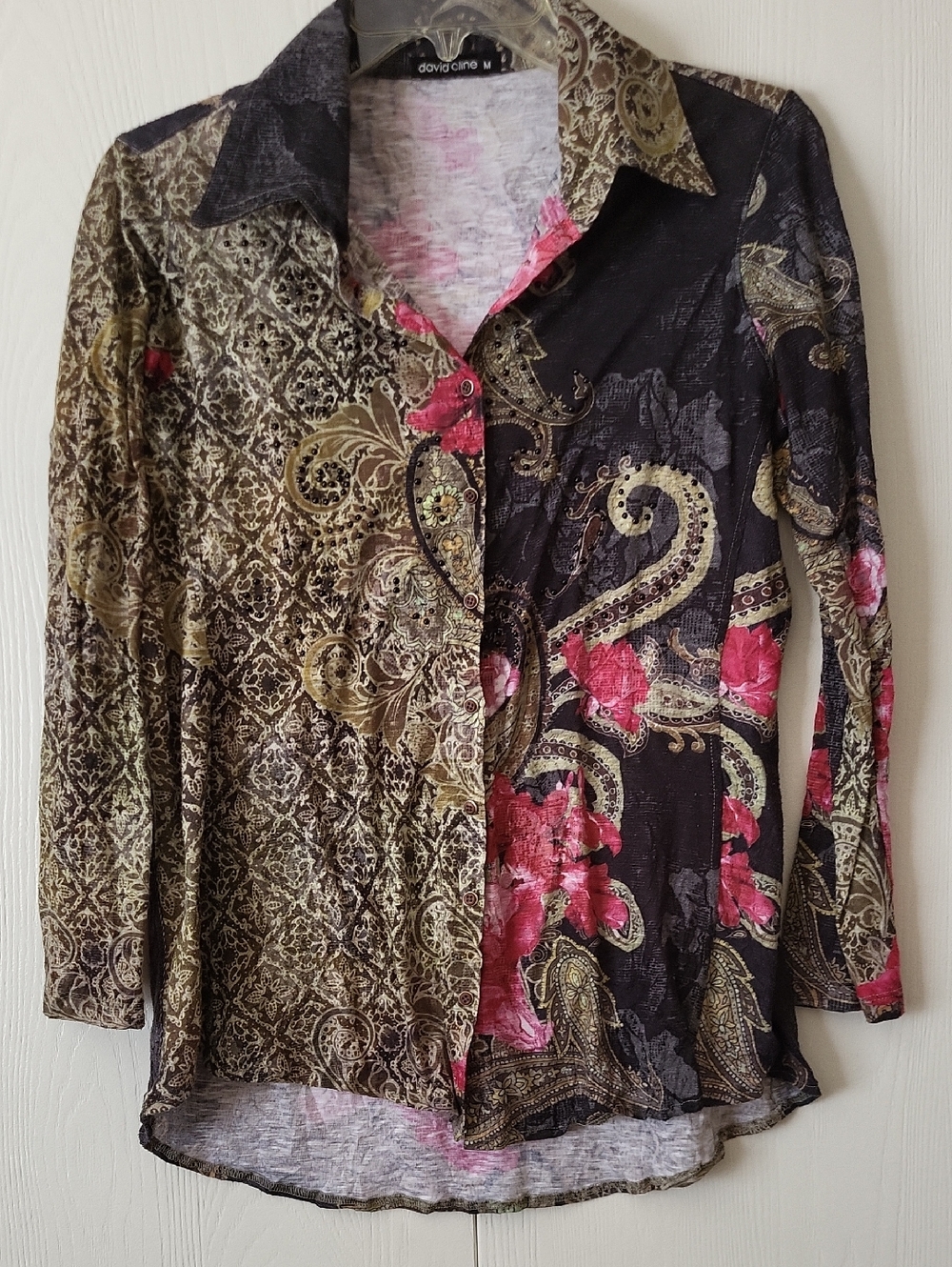 David Cline Black Paisley Button-Front Top with Gold and Pink Accents